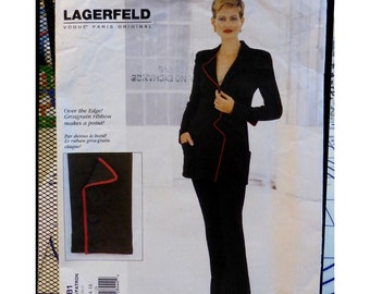 Lagerfeld Suit Pattern, Fitted Jacket, Mock Bands, Front Pockets, Collar, Fitted, Boot Leg Pants, Braid Trim, Vogue 2181 Size 12 14 16