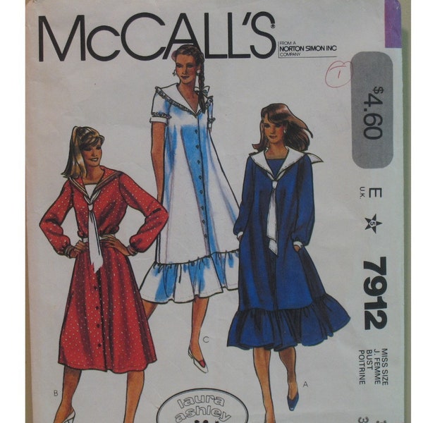 Laura Ashley Sailor Dress Pattern, Tent Dress, Ruffle, Button Front, Pockets, Long, Short Sleeves, McCalls 7912 Size 14 Bust 36"