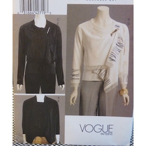 May include: Vogue Patterns sewing pattern featuring three different top designs. One is black with a draped front, another is white with a draped overlay and decorative details, and the third is a black square neck top. The Vogue logo is visible.