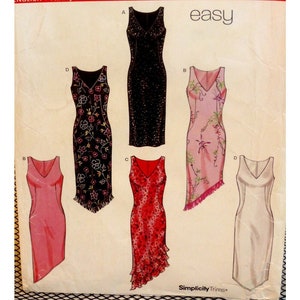 Fitted Evening Dress Pattern. LBD, V- neck, Asymmetrical Hem, Ruffle Hem, Sleeveless, New Look 6039 UNCUT Size 6 8 10 12 14 16