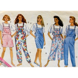 May include: An illustration of five different overalls outfits. The outfits include shorts, pants, and a dress, all with bib-style tops. The overalls feature floral, polka dot, and striped patterns. Each outfit is paired with a white t-shirt or long-sleeved shirt.