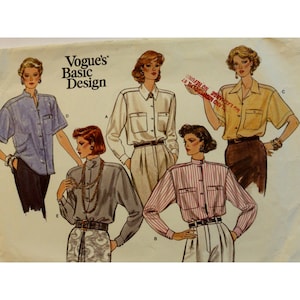 May include: Five different shirt patterns for a sewing pattern. The patterns are for a collared shirt with a button-up front. The shirts are in blue, white, grey, pink and yellow.