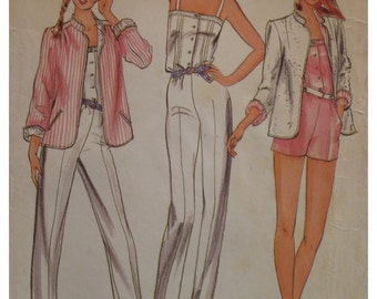 Womens Pin Up Romper Pattern, Jumpsuit, Straps, Button Front, Sewn Tucks, Mandarin Jacket, Notched Collar, Butterick 3705 6460 Size 8