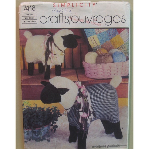 Stuffed Toy Sheep Pattern, 2 Sizes, Marjorie Puckett, Easter, Simplicity 7418, UNCUT Size 16.5 x 23 in, 13.5 x 17.5 in