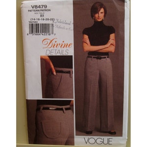 May include: A sewing pattern for wide-legged trousers, with a close-up of the back pocket detail. The pattern is for sizes 14-16-18-20-22 and is from Vogue.