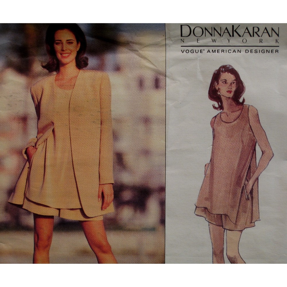 90s DKNY Pullover Top Pattern, Short Flared Shorts, Open Front Jacket, Lined, Side Pockets, Vogue American Designer 2895 UNCUT Size 8 10 12