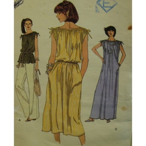 Puede incluir: Una ilustración de patrón de costura que muestra tres estilos de prendas: un top oscuro con pantalones claros, un vestido midi de rayas verticales amarillas y blancas con escote fruncido y hombros anudados, y un vestido largo azul liso con escote fruncido.