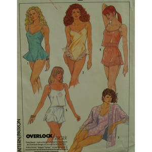 May include: An illustration of five lingerie designs. The designs include a teal romper, a yellow bodysuit with lace trim, a pink pajama set, a white pajama set, and a pink robe. The text "OVERLOCK/SERGER" is visible.