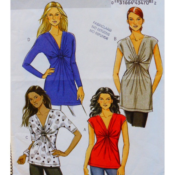 Front Drape Tunic Pattern, V-neck, Cap/ Short/ Long Sleeves, Loose, High Waist, Front Twist, Knit Fabric, Butterick 5495 Size 16 18 20 22