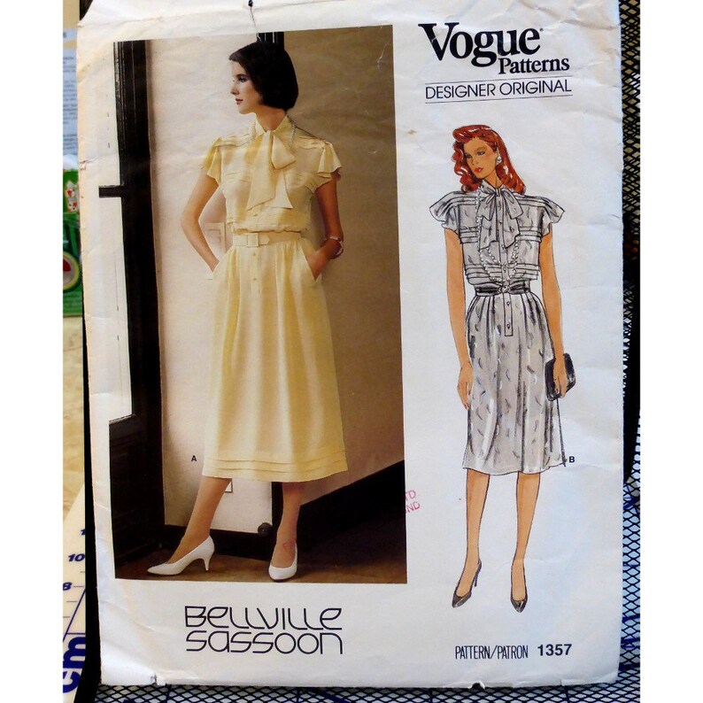 Pussy Bow Dress Pattern, Tucks, Blouson Bodice, Loose Fitting, Flutter Sleeves, Button Band, Bellville Sassoon, Vogue 1357 Size 12 Bust 34 image 2