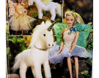 Unicorn and Fashion Doll Pattern, Fairy Clothes, 2 Fairy Dresses, Wings, Stuffed Unicorn and Pegasus, McCalls 3897 UNCUT Size 11.5" Doll