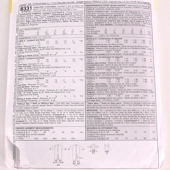 Tom Arma Costume Size Chart