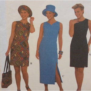 May include: Three sleeveless dresses in a fashion illustration. The first dress is patterned with a matching hat and tote bag. The second is a solid blue dress with a matching hat. The third is a solid black dress.