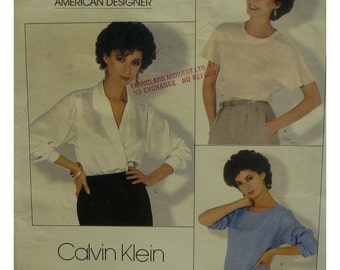 Calvin Klein Blouse Pattern, Two Pullovers, Notched Collar Blouse, Yoke, Long/ Cap Sleeves, Cuffs, Vogue American Designer 1128 Size 12