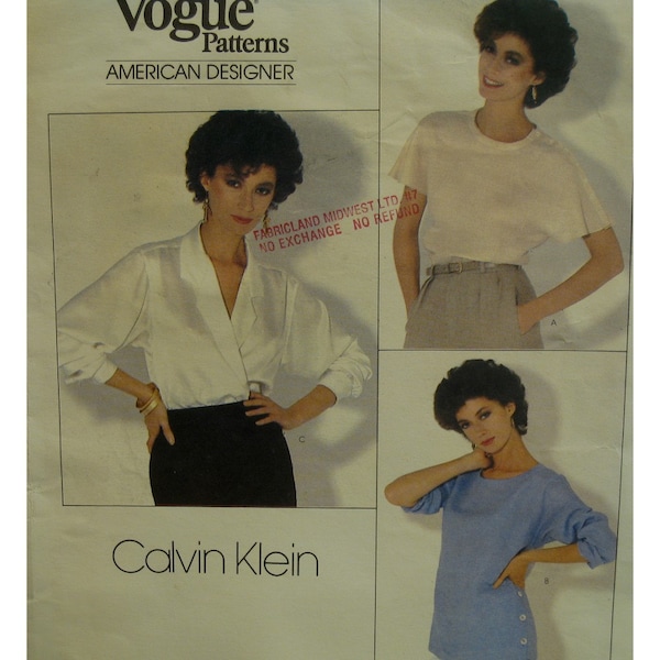 Calvin Klein Blouse Pattern, Two Pullovers, Notched Collar Blouse, Yoke, Long/ Cap Sleeves, Cuffs, Vogue American Designer 1128 Size 12