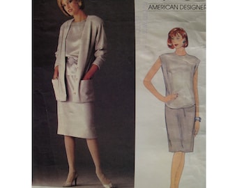 Anne Klein Long  Cardigan  Pattern, Straight Skirt, Loose Sleeveless Blouse, V Neck Jacket, Pockets, Vogue American Designer 1147 Size 10