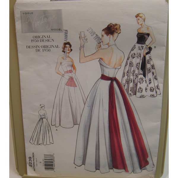 Retro 50s Strapless Evening Gown Pattern, Fitted Bodice, Flared Long Skirt, Sash Vogue Vintage 2239 UNCUT Size 14 Bust 36" 92cm