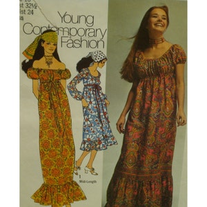 70s Boho Maxidress Pattern, Empire Waist, Off Shoulders, Long/ Short Sleeves, Bottom Ruffle, Simplicity 9354 Size 10 Bust 32.5"