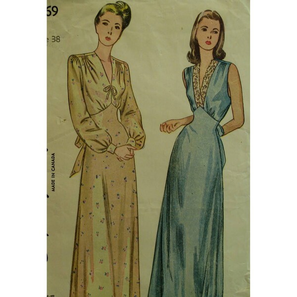 1940s Elegant Nightgown Pattern, Shoulder Gathers,  V-neck, Sleeveless/ Long Sleeves, Shaped Midriff, Simplicity 2269 Size 16 Bust 38