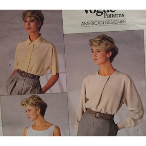 Vogue 1860 Calvin Klein Blouse Pattern, Three Styles, Sleeveless Tank,  1980s American Designer Size 8 OR 12