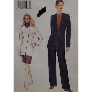 May include: A vintage sewing pattern featuring illustrations of women's suits. One suit is a white blazer with a dark skirt, and the other is a navy blue suit with a blazer and wide-leg pants. The pattern includes a barcode.