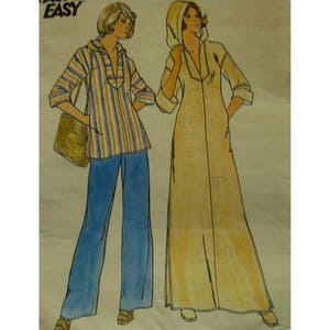 May include: Illustration of two figures in 1970s-style clothing. One figure wears a striped top, blue trousers, and carries a bag. The other figure is in a long, hooded dress. The word "EASY" is visible in the upper left corner.