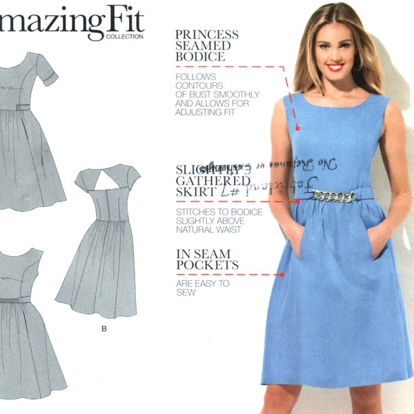 Amazing Fit Dress Pattern, Princess Seams, Fit & Flare, Sleeveless/ Cap/ Short Sleeve, Waist Detail, Simplicity 1652 UNCUT Size 6 8 10 12 14