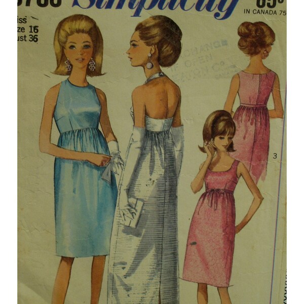 60s Empire Evening Gown Pattern, Open Back/ Full Back, Sleeveless, Halter, Straight Skirt, Simplicity 6786 Size 16 (Bust 36" 92cm)