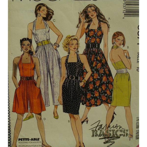 Halter Jumpsuit Pattern, Wide Leg, Romper, Halter Dress, Straight or Flared Skirt, Backless, McCalls 5371 UNCUT Size 12 Bust 34"