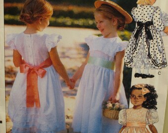 Flower Girl Dress Pattern, Girls Party Dress, Full Skirt, Lace Back, Ruffle or Puff Sleeve Vogue 7734, UNCUT Size 1 2 3