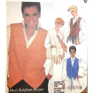 May include: The image shows an orange vest with a button-up front. There are also illustrations of vests in various colours and styles. The text on the image reads "Shari Belafonte-Harper" and "Learn to sew for fun".