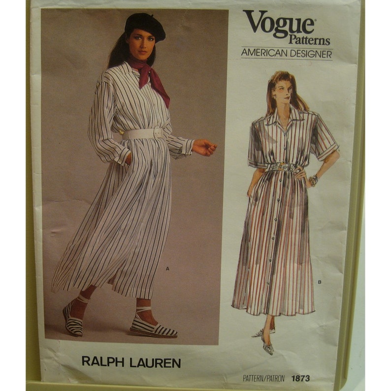 80s Ralph Lauren Shirt Dress Pattern, Button Front, Notched Collar, Blouson Bodice, Long Sleeves, Vogue American Designer No. 1873 Size 12 80s Ralph Lauren Shirt Dress Pattern, Button Front, Notched Collar, Blouson Bodice, Long Sleeves, Vogue American Designer No. 1873 Size 12