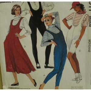 May include: A sewing pattern illustration featuring three women wearing different styles of overalls. The overalls are in red, blue, and white. The pattern includes instructions for making the overalls.