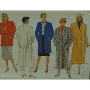 以下が含まれることがあります： 5種類のコートのデザインイラストが描かれた、ヴィンテージの裁縫パターン。コートは赤、白、青、グレー、黄色など様々な色があります。イラストは、様々なスタイルと丈のコートを人物に着せています。