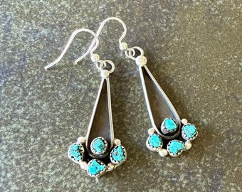 VINTAGE Zuni Turquoise Cluster Dangle Sterling Earrings