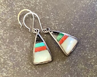 VINTAGE Zuni Turquoise Inlay Watch Tip Earrings, Multi Stone