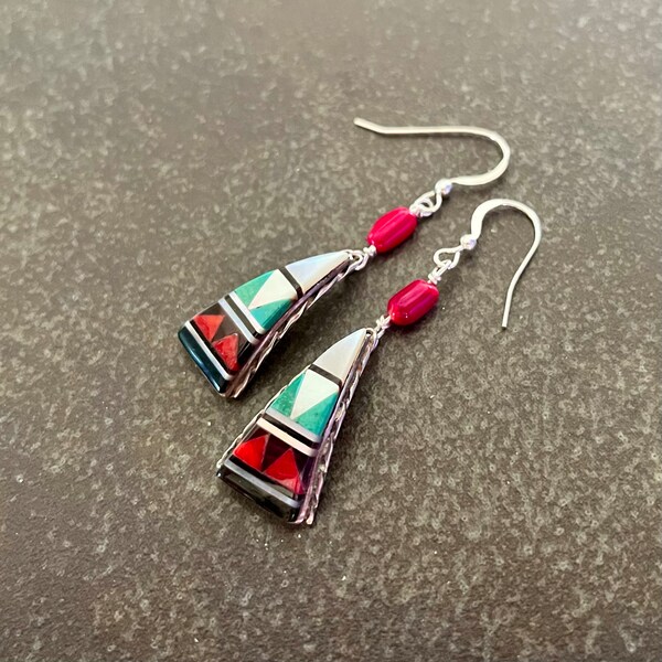 VITAGE Zuni Turquoise Inlay Silver Watch Tip Earrings