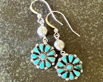 VINTAGE Petite Point Turquoise Earrings .925 Silver Bench Bead Accents