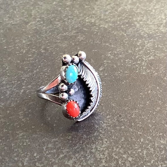 VINTAGE NAVAJO Marked 'SC' Turquoise & Coral Silv… - image 1