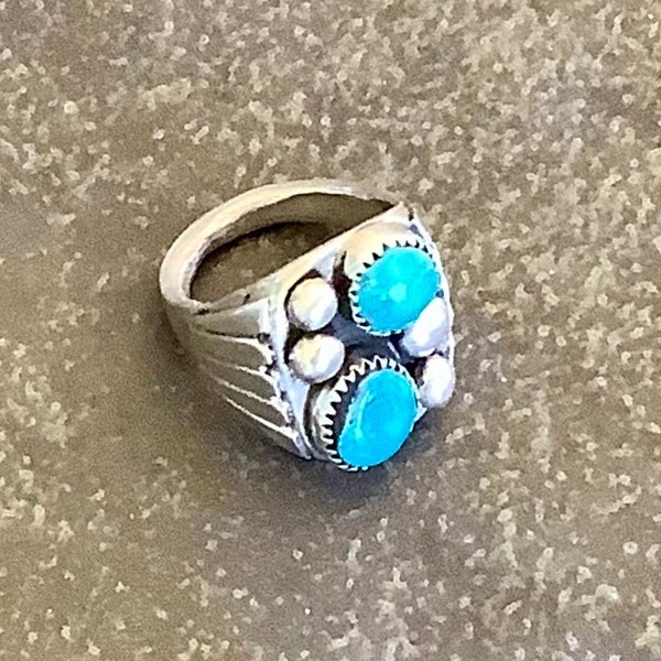 Signed 'FY' Yazzie NAVAJO Vintage Turquoise Man’s Ring, Sz 8 Circa 1973