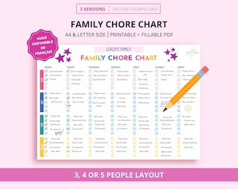 Family Chore Chart - Weekly Chore List - Kids Chore Chart - Cleaning Schedule - Cleaning Planner - 3 to 5 people | Printable & Editable PDF