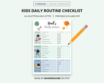 May include: A printable kids' daily routine checklist with a space theme, featuring an astronaut, rocket, and planets. The checklist includes morning, afternoon, and evening tasks, with check boxes for each day of the week. A yellow pencil is on the right.