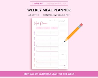 Meal Planner, Weekly Meal Plan, Printable Meal Planner PDF, Editable Grocery List, Family Meal Template, Digital Meal Plan| A4 Letter