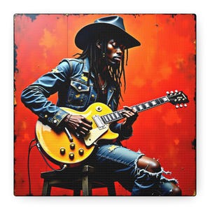 Urban Strings - Black Guitarist Canvas Wall Art,  Bold Electric Guitar Music Decor, Cool Afro Rock Star Print, Urban Musician Poster