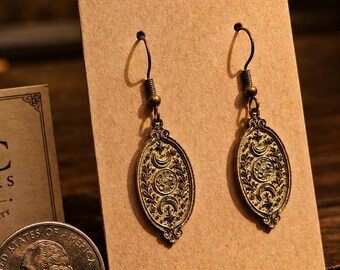 Moon Phase Earrings – Celestial Antique Brass Dangle Earrings