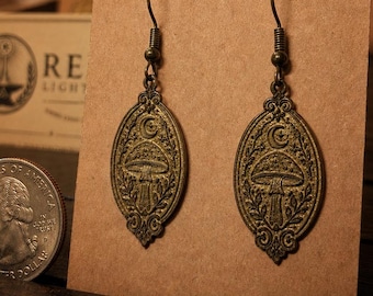 Mystical Mushroom Moon Brass Earrings | Woodland Cottagecore Jewelry | Witchy Nature Dangle Earrings