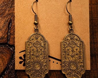 Celestial Sun Moon Earrings | Antique Brass Boho Dangle Earrings | Witchy Jewelry | Gift for Her