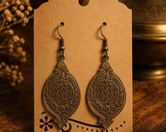 Brass Flower of Life Earrings | Sacred Geometry Teardrop Dangle Jewelry