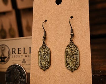Brass Hand reaching to Crescent Moon Earrings | Art Nouveau