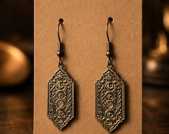 Moon Phase Brass Earrings | Celestial Botanical Dangle Jewelry